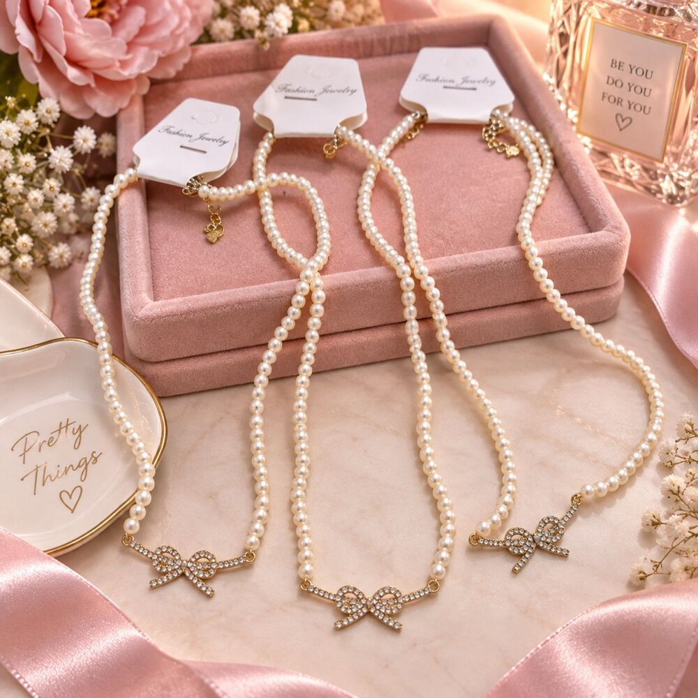 3 Pearl Bow Necklaces Rhinestone Coquette Dainty Preppy Bridal Jewelry Set